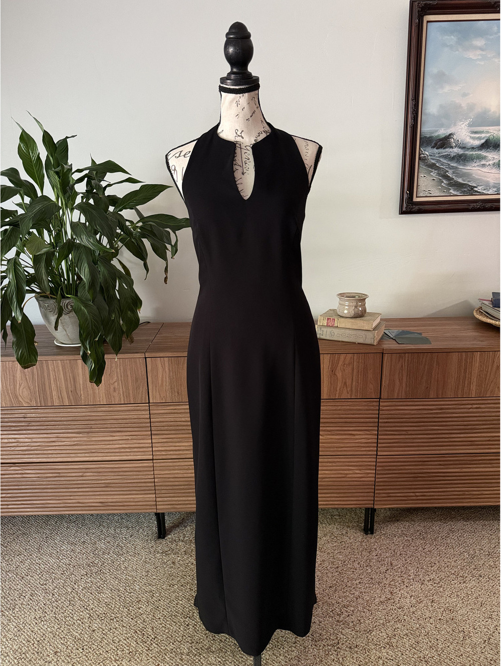 Vintage 90s Y2K Ann Taylor Black Satin Halter Maxi Dress Open Back Size 2 USA